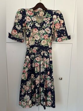 Vintage Joni Blair Navy Floral Midi Dress with Pink & Cream Blooms